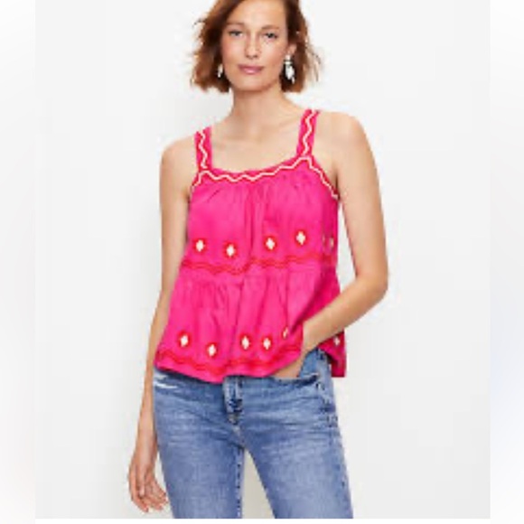 Loft women’s square neck, embroidered pink Cami top linen mix sz SP preloved - Picture 1 of 9